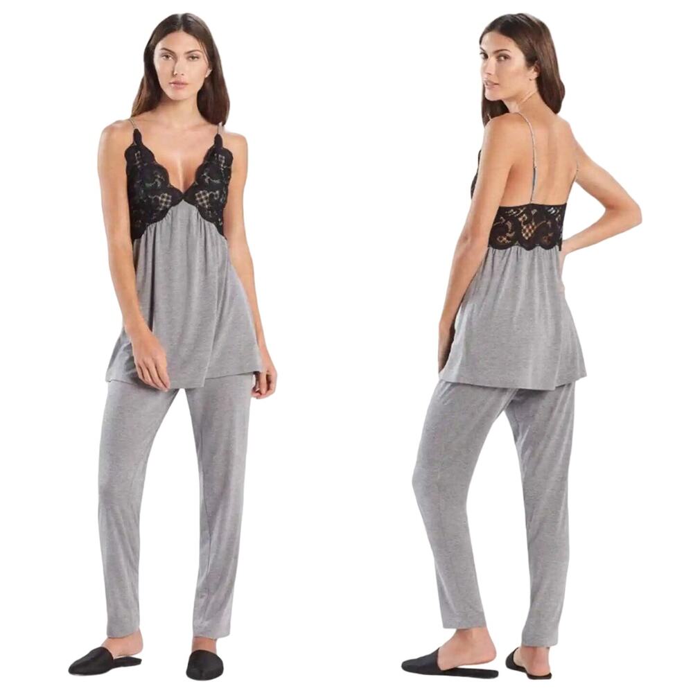 Natori Women's Obsession Pajama Set Pants Lace Cami Adjustable in Black & Gray